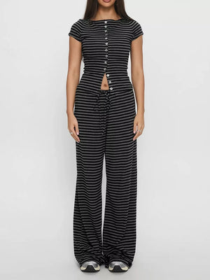 Striped button-down cropped top and wide-leg pants set in dark gray.