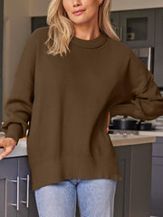 Ribbed-knit relaxed fit sweater in chocolate brown with crewneck and long sleeves.