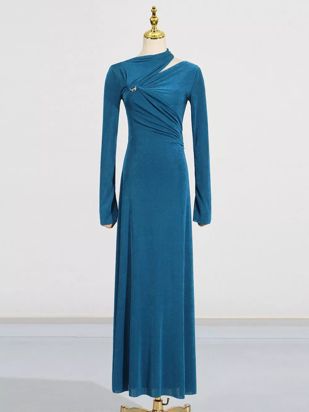 Cutout Ruched Long Sleeve Maxi Dress in Blue, back view