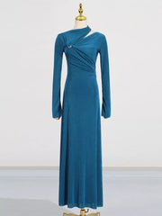Cutout Ruched Long Sleeve Maxi Dress in Blue, back view
