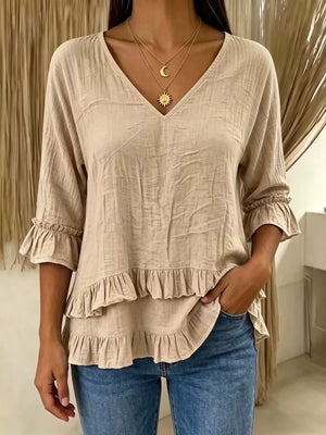 V-neck Ruffle Sleeve Top in White, side view