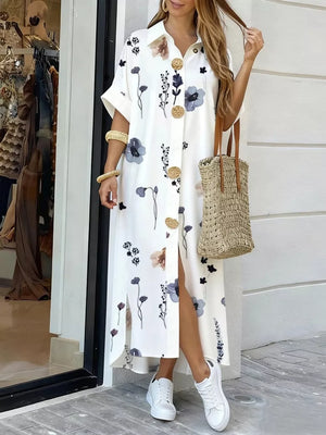 Floral Print Button-down Maxi Shirt Dress in Dusty Blue, front view