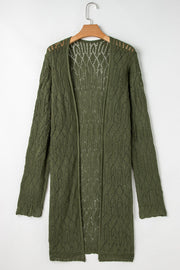 Openwork maxi cardigan in army green acrylic with a diamond pattern and open front.