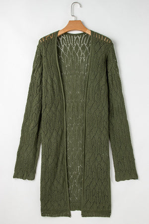 Openwork maxi cardigan in army green acrylic with a diamond pattern and open front.