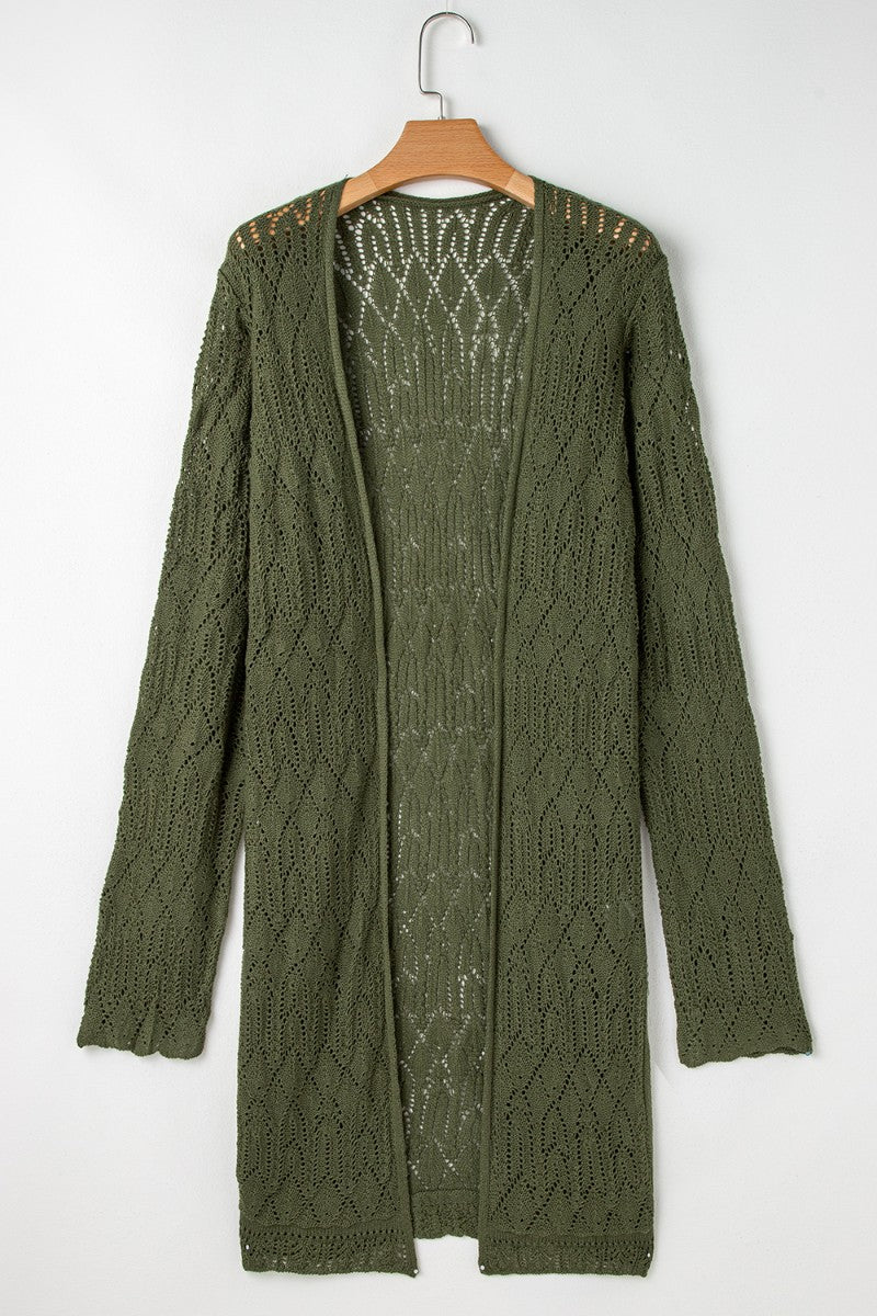 Openwork maxi cardigan in army green acrylic with a diamond pattern and open front.