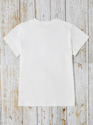 White graphic tee with short sleeves and a crew neck.