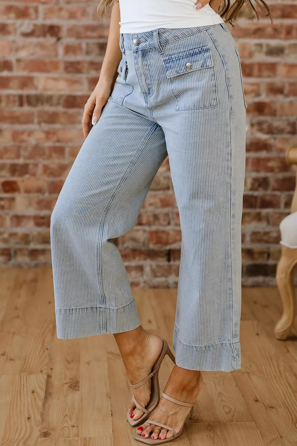 Striped Wide-leg Cropped Jeans in Light Blue, close-up detail