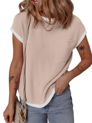 Blush pink ribbed knit tee with contrast piping and chest pocket.