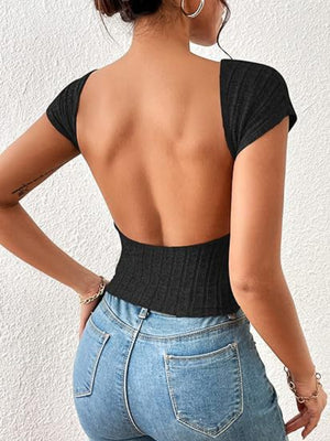 Black ribbed knit open back short sleeve top with a square neckline