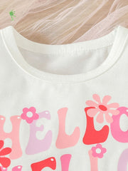 Baby white t-shirt with pink and red "Hello" graphic and floral details.