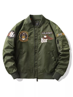 Army green embroidered zip bomber jacket with U.S. Army and eagle patches