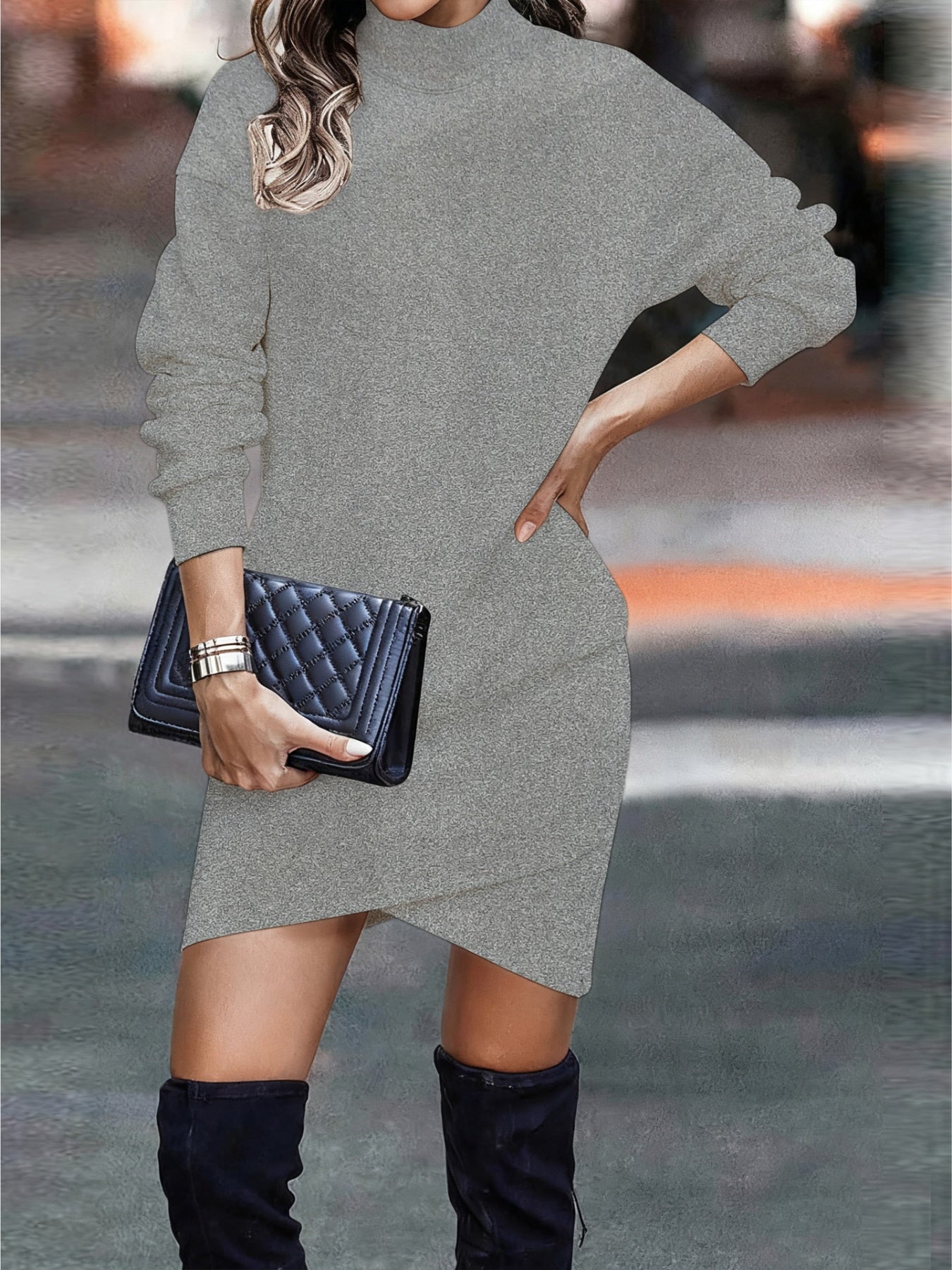 Grey turtleneck mini dress with asymmetrical hem and long sleeves