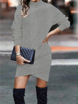Grey turtleneck mini dress with asymmetrical hem and long sleeves