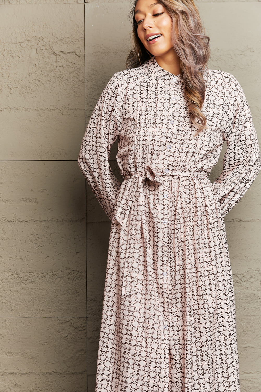 Beige geometric print midi dress with belt and button front