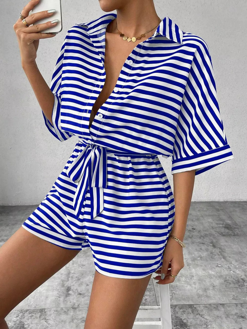 Striped Button Front Half Sleeve Romper in Dark Blue, model styling view