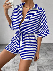 Striped Button Front Half Sleeve Romper in Dark Blue, model styling view