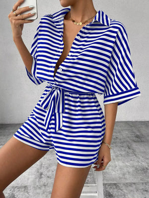 Striped Button Front Half Sleeve Romper in Dark Blue, model styling view