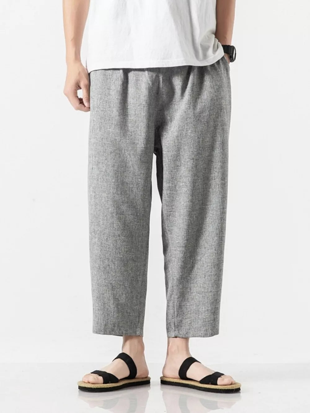 Men's light gray relaxed fit cropped sweatpants with elastic waist