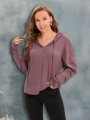 Waffle knit relaxed fit hoodie in Moonlit Mauve with v-neck and drawstring.