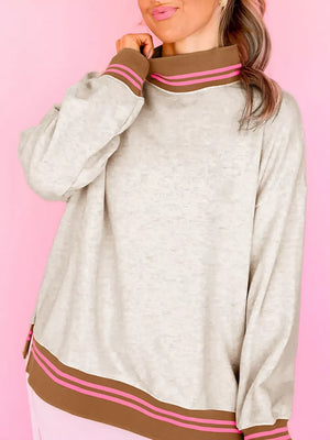 Ribbed Stand Neck Loose Fit Sweatshirt in Light Gray, front view