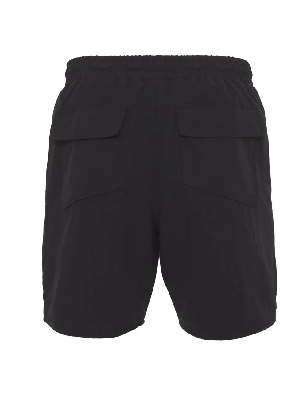 Black cargo shorts with elastic waist and two back flap pockets.