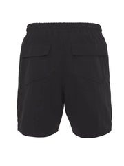 Black cargo shorts with elastic waist and two back flap pockets.
