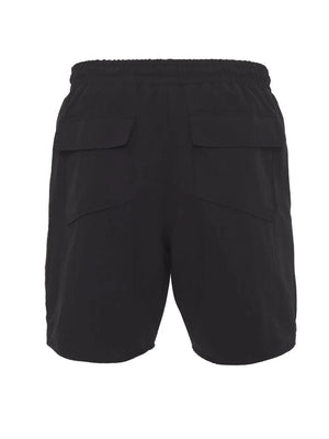 Black cargo shorts with elastic waist and two back flap pockets.