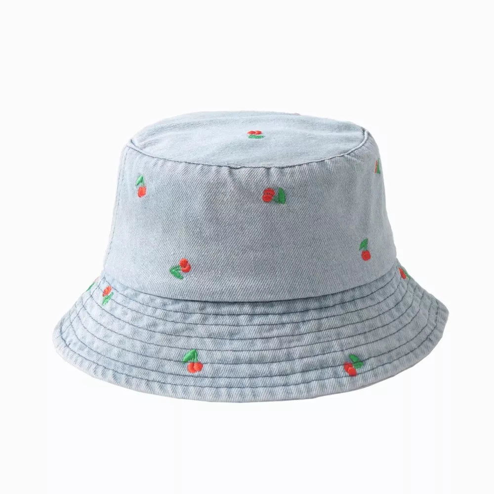 Cherry Embroidered Cotton Bucket Hat