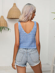 Sky blue knit tank top with a V-neck and sleeveless design.
