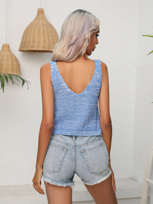 Sky blue knit tank top with a V-neck and sleeveless design.