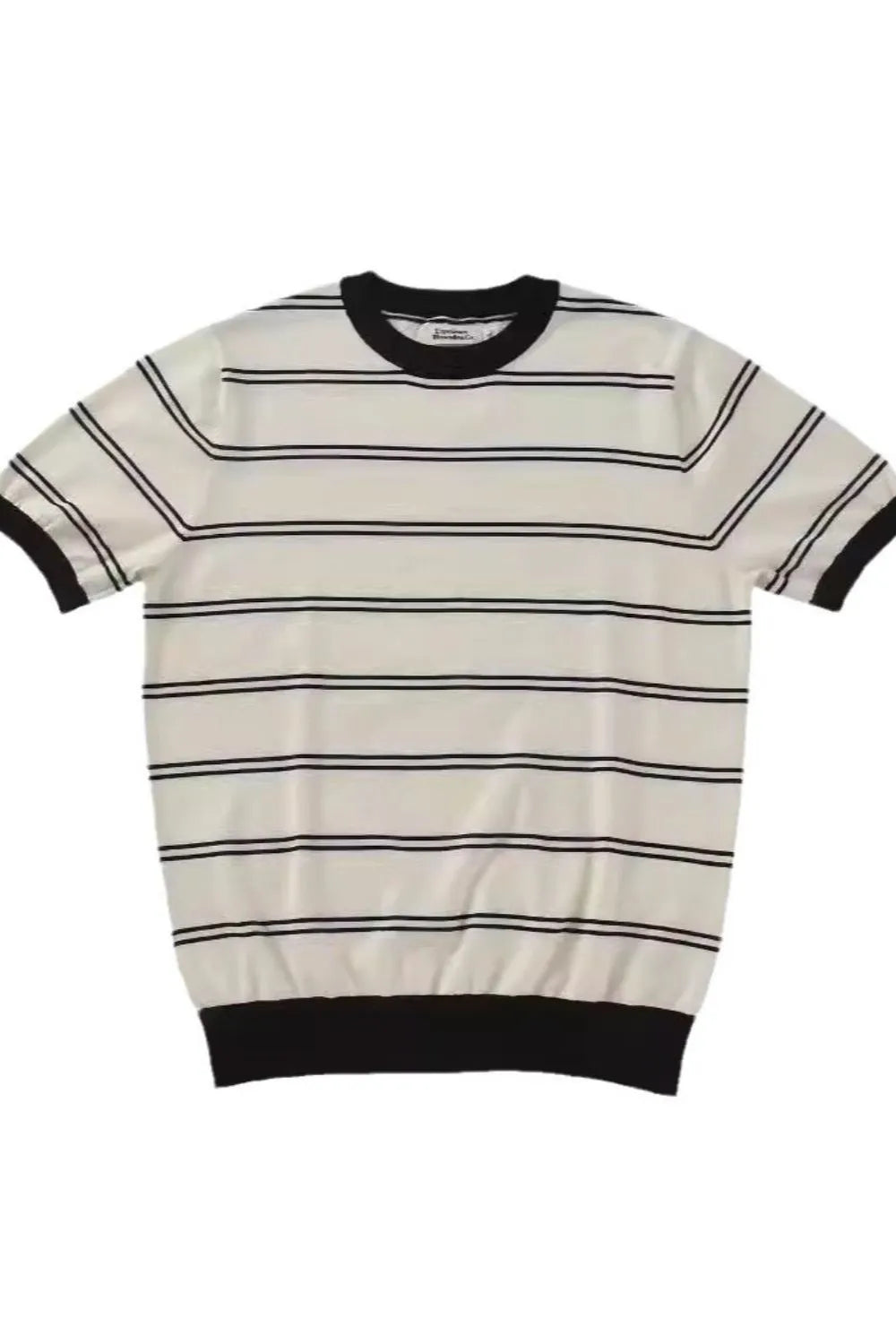 Beige ribbed stripe t-shirt with black contrast trim and neckline