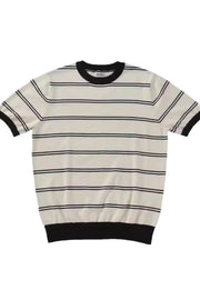 Beige ribbed stripe t-shirt with black contrast trim and neckline