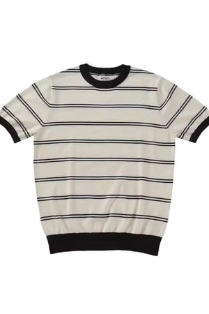 Beige ribbed stripe t-shirt with black contrast trim and neckline