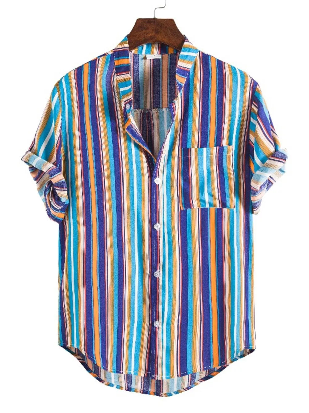 Men's Plus Size Striped Button Up Short Sleeve Shirt in Navy, model styling view