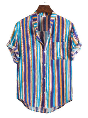 Men's Plus Size Striped Button Up Short Sleeve Shirt in Navy, model styling view