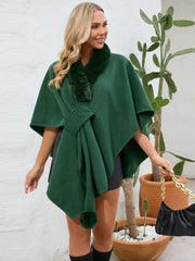 Dark green faux fur collar wrap poncho with tie detail and pom-pom accent.