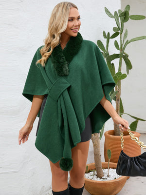 Dark green faux fur collar wrap poncho with tie detail and pom-pom accent.