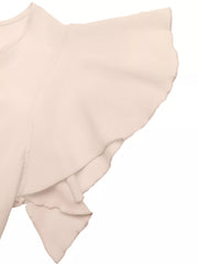 Beige midi dress with ruffled short sleeves and a tie waist detail.