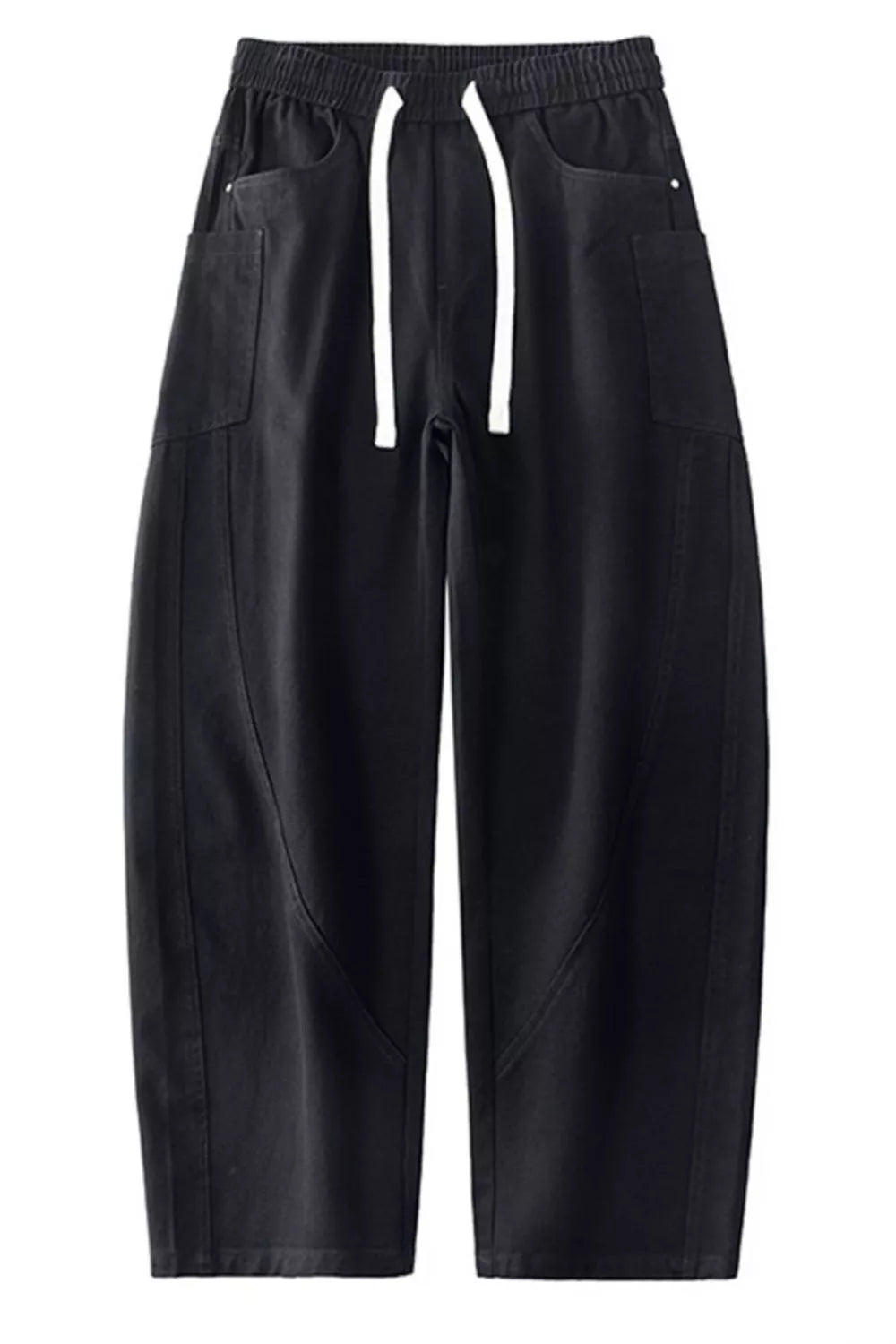 Black relaxed fit cotton jeans with drawstring waist and pocket details.
