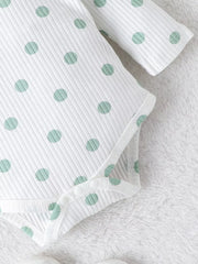 Children's Ruffled Polka Dot Bodysuit And Pants Set in Light Green, close-up detail