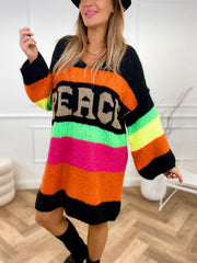 Rainbow striped midi sweater dress with PEACE lettering and V-neck.