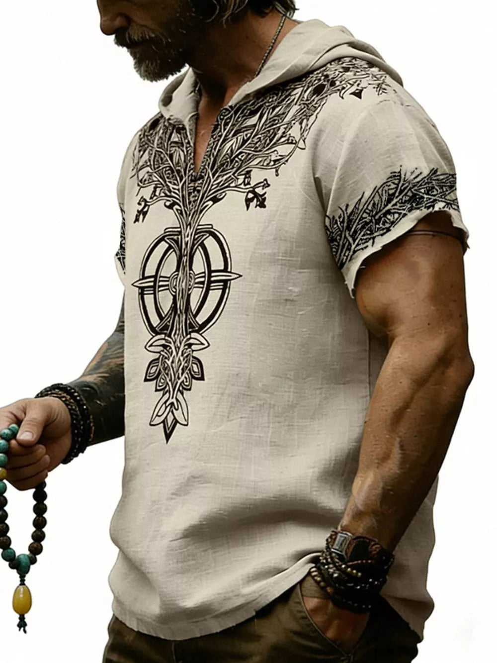 Men's Full Size Printed Hooded Short Sleeve Top in White, back view