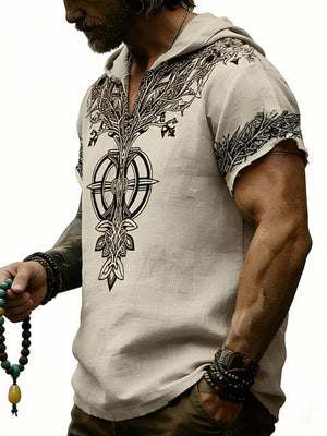 Men's Full Size Printed Hooded Short Sleeve Top in White, back view