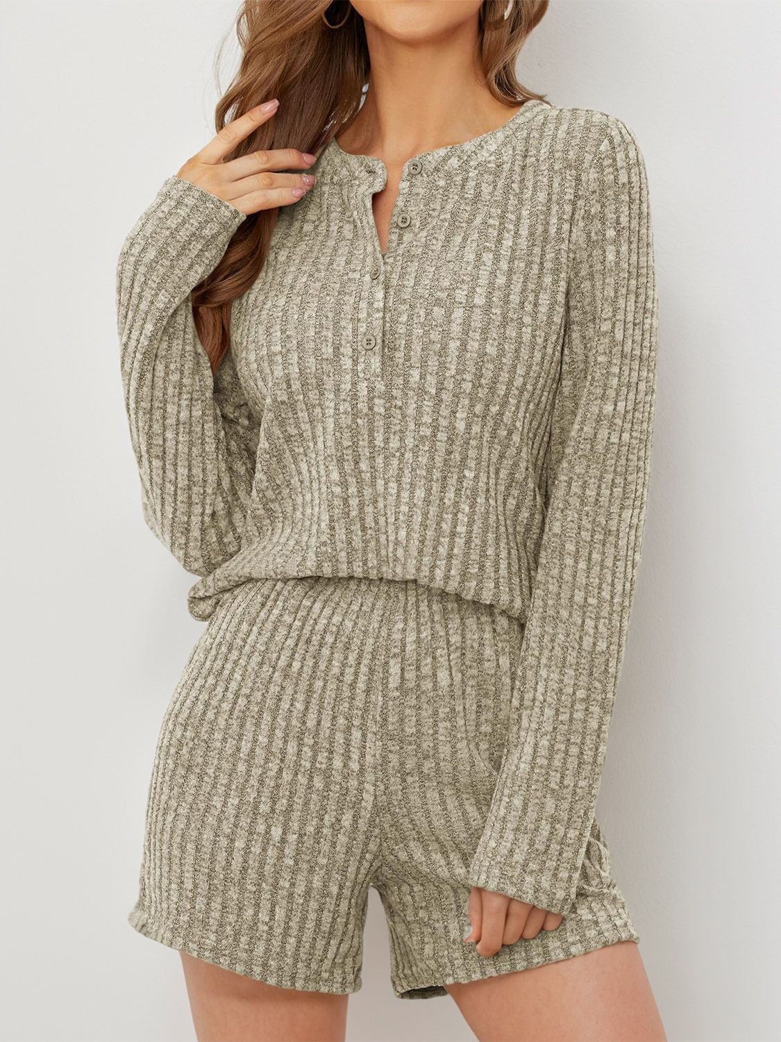 Ribbed henley lounge set in Sage with button detail and shorts.