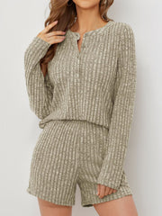 Ribbed henley lounge set in Sage with button detail and shorts.