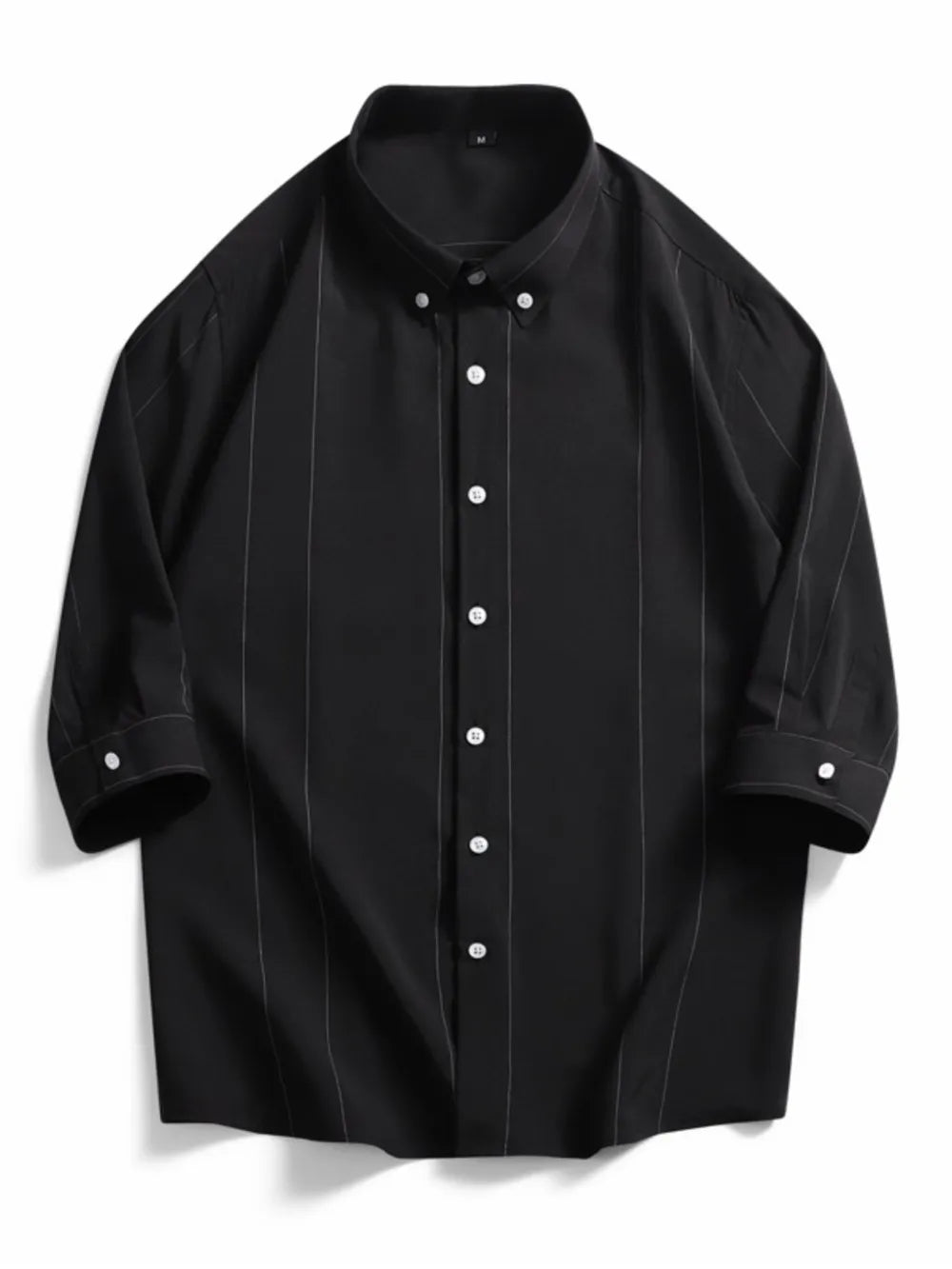 Black oversized cotton pinstripe button-down shirt with a button collar.