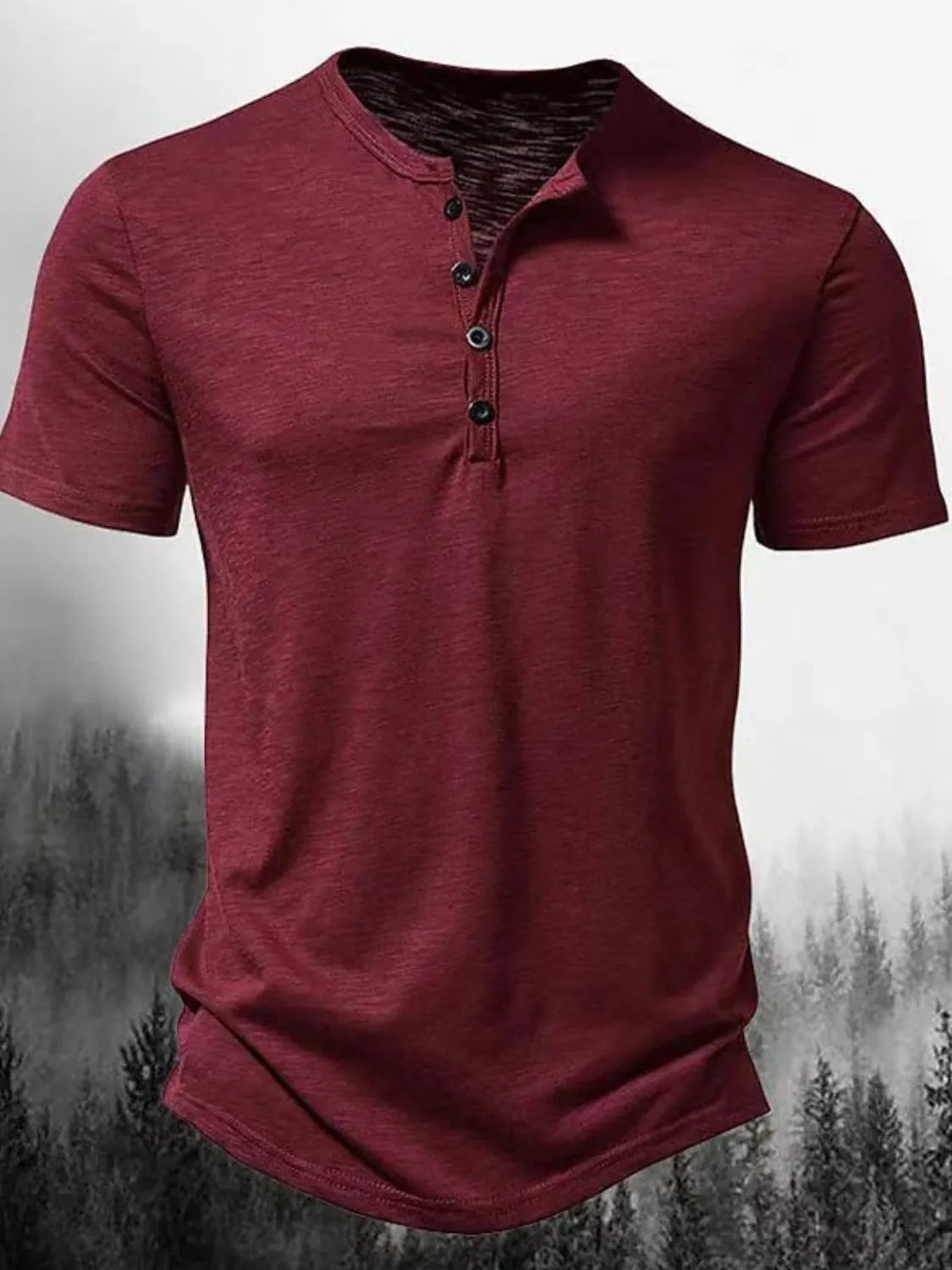 Burgundy textured henley tee with short sleeves and a button placket.
