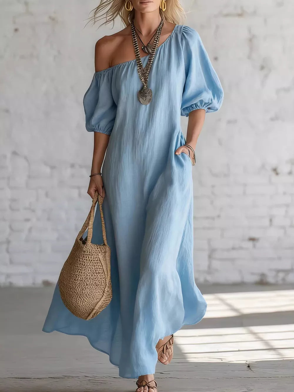One-shoulder Puff Sleeve Maxi Dress in Sky Blue, front view