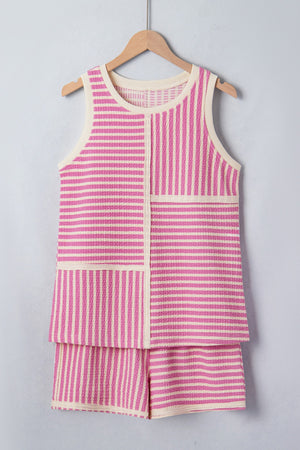 Pink and cream striped textured knit tank top and shorts set with a patchwork design.