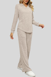 Tan ribbed knit lounge set with collar and pocketed pants.